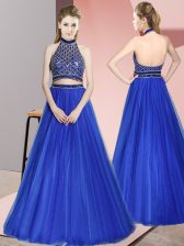  Floor Length Royal Blue Homecoming Dress Halter Top Sleeveless Backless