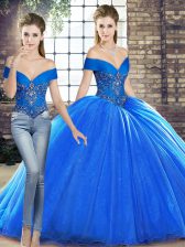  Royal Blue Two Pieces Off The Shoulder Sleeveless Organza Brush Train Lace Up Beading 15th Birthday Dress