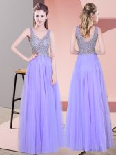  Floor Length Lavender Prom Gown Tulle Sleeveless Beading