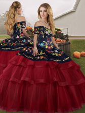  Wine Red Off The Shoulder Neckline Embroidery and Ruffled Layers Quince Ball Gowns Sleeveless Lace Up