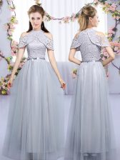 Noble Grey High-neck Neckline Lace and Belt Damas Dress Sleeveless Zipper