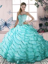  Aqua Blue Sleeveless Brush Train Beading and Ruffled Layers 15th Birthday Dress