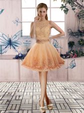 Extravagant Mini Length Backless Prom Gown Gold for Prom and Party with Beading and Lace