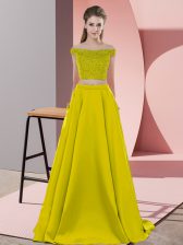 Low Price Two Pieces Sleeveless Olive Green Prom Party Dress Sweep Train Backless