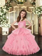 Beauteous Baby Pink Tulle Lace Up Little Girl Pageant Dress Sleeveless Floor Length Lace and Appliques