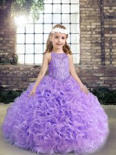 High Quality Lavender Sleeveless Floor Length Beading and Ruching Lace Up Child Pageant Dress