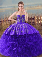 Romantic Sweetheart Sleeveless Sweet 16 Dress Brush Train Embroidery and Ruffles Purple Fabric With Rolling Flowers
