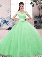 Modern Off The Shoulder Short Sleeves Ball Gown Prom Dress Floor Length Lace and Hand Made Flower Apple Green Tulle