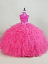  Beading and Ruffles Quinceanera Gown Hot Pink Lace Up Sleeveless Floor Length
