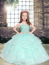  Apple Green Ball Gowns Tulle Straps Sleeveless Beading and Ruffles Floor Length Lace Up Girls Pageant Dresses