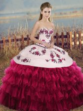 Edgy Sleeveless Organza Floor Length Lace Up 15th Birthday Dress in White And Red with Embroidery and Ruffled Layers and Bowknot