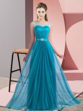 Simple Scoop Sleeveless Damas Dress Floor Length Beading Teal Chiffon