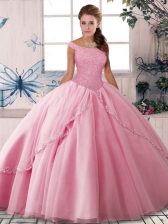 Great Rose Pink Sleeveless Tulle Brush Train Lace Up 15th Birthday Dress for Military Ball and Sweet 16 and Quinceanera