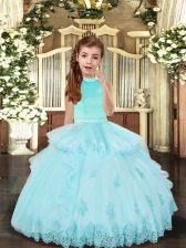  Aqua Blue Backless Kids Pageant Dress Beading and Appliques Sleeveless Floor Length