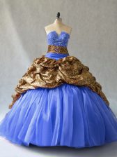 Fine Blue Organza and Printed Lace Up Ball Gown Prom Dress Sleeveless Brush Train Beading and Pick Ups