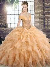  Gold Off The Shoulder Lace Up Beading and Ruffles Sweet 16 Dress Brush Train Sleeveless