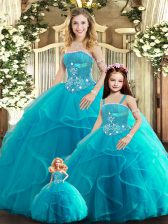  Strapless Sleeveless Quinceanera Dresses Floor Length Beading and Ruffles Aqua Blue Tulle