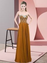 Inexpensive Brown Chiffon Zipper Sweetheart Sleeveless Floor Length Prom Dresses Beading