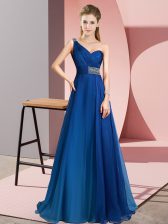Artistic Blue Empire Chiffon One Shoulder Sleeveless Beading Criss Cross Prom Gown Brush Train
