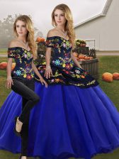  Floor Length Royal Blue Quinceanera Gowns Off The Shoulder Sleeveless Lace Up