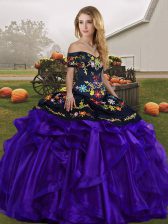  Black And Purple Ball Gowns Embroidery and Ruffles Sweet 16 Dress Lace Up Organza Sleeveless Floor Length