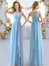 Most Popular Light Blue Empire Scoop Cap Sleeves Chiffon Floor Length Side Zipper Lace and Belt Quinceanera Dama Dress