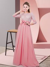Custom Made 3 4 Length Sleeve Floor Length Lace and Belt Side Zipper Court Dresses for Sweet 16 with Watermelon Red