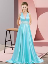  Aqua Blue Elastic Woven Satin Backless V-neck Sleeveless Brush Train Beading