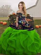  Green Ball Gowns Embroidery and Ruffles Ball Gown Prom Dress Lace Up Tulle Sleeveless Floor Length