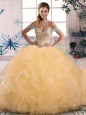  Gold Ball Gowns Beading 15th Birthday Dress Lace Up Tulle Sleeveless Floor Length