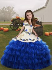  Floor Length Blue Girls Pageant Dresses Organza Sleeveless Embroidery and Ruffled Layers