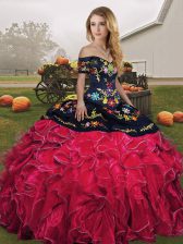Flirting Red And Black Off The Shoulder Neckline Embroidery and Ruffles Quince Ball Gowns Sleeveless Lace Up