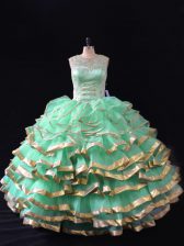 Lovely Apple Green Organza Lace Up Quinceanera Dress Sleeveless Floor Length Ruffles