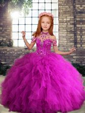 Beauteous Fuchsia Tulle Lace Up High-neck Sleeveless Floor Length Kids Formal Wear Beading and Ruffles