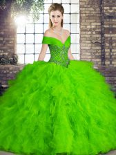 Admirable Off The Shoulder Sleeveless Quinceanera Gowns Floor Length Beading and Ruffles Green Tulle