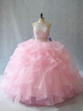  Beading and Ruffles Sweet 16 Dresses Baby Pink Backless Sleeveless Brush Train