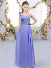Dynamic Lavender Empire Chiffon One Shoulder Sleeveless Hand Made Flower Floor Length Lace Up Dama Dress for Quinceanera