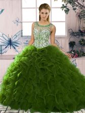 Fabulous Green Ball Gowns Organza Scoop Sleeveless Beading and Ruffles Floor Length Lace Up Sweet 16 Dress