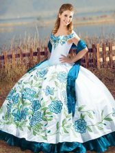  Blue And White Ball Gowns Satin Off The Shoulder Sleeveless Embroidery and Ruffles Floor Length Lace Up Sweet 16 Quinceanera Dress