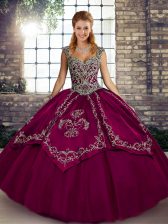 Delicate Sleeveless Tulle Floor Length Lace Up Sweet 16 Dresses in Fuchsia with Beading and Embroidery