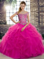  Fuchsia Sleeveless Brush Train Beading and Ruffles Quinceanera Gown