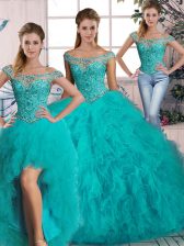 On Sale Aqua Blue Three Pieces Tulle Off The Shoulder Sleeveless Beading and Ruffles Lace Up Quinceanera Dress Brush Train
