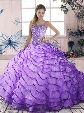  Lavender Ball Gowns Beading and Ruffled Layers Ball Gown Prom Dress Lace Up Organza Sleeveless Floor Length