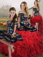 Popular Sleeveless Organza Floor Length Lace Up Sweet 16 Dress in Red And Black with Embroidery and Ruffles
