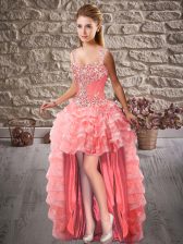  High Low A-line Sleeveless Watermelon Red Homecoming Dress Lace Up