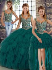  Sleeveless Floor Length Beading and Ruffles Lace Up Quince Ball Gowns with Peacock Green