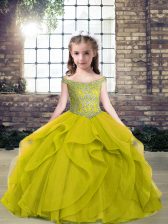  Olive Green Tulle Lace Up Off The Shoulder Sleeveless Floor Length Evening Gowns Beading