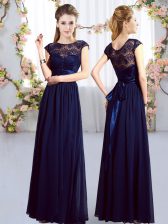  Navy Blue Chiffon Zipper Quinceanera Dama Dress Cap Sleeves Floor Length Lace and Belt