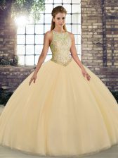  Gold Sleeveless Tulle Lace Up Quinceanera Gown for Military Ball and Sweet 16 and Quinceanera
