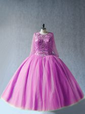  Lilac Long Sleeves Floor Length Beading Lace Up 15th Birthday Dress